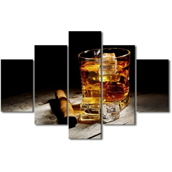 TISHIRON 5PCS Framed Whiskey Theme Canvas Wall Art Set,60"x40" Ice Cubes Whisky and Cigar Wall Canvas Art Decor