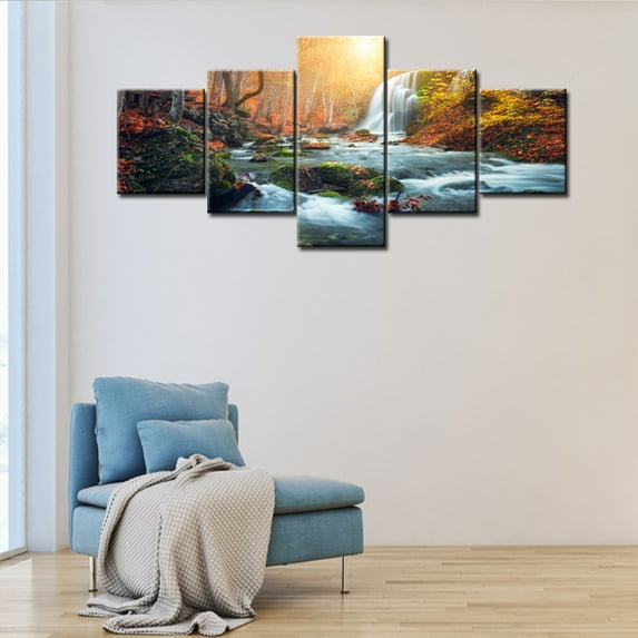 TISHIRON 5PCS Framed landscape theme Canvas Wall Art Set,50"x24" Waterfall Nature Scenery Canvas Prints Picture for Living Room, Bedroom, Office Home Wall Decor