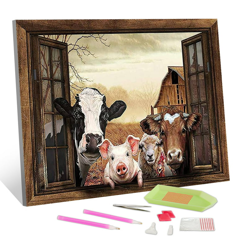 Tishiron Diamond Painting Kits,12x16 inch 5D DIY Cows Sheep and Pigs on Pasture Diamond Art Crafts Kit for Home Wall Decor Gift
