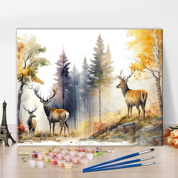 TISHIRON Paint by Numbers for Adults,16x20 inch Canvas Wall Art Deer and Forest Oil Painting by Numbers Kit for Home Wall Decor (Frameless)