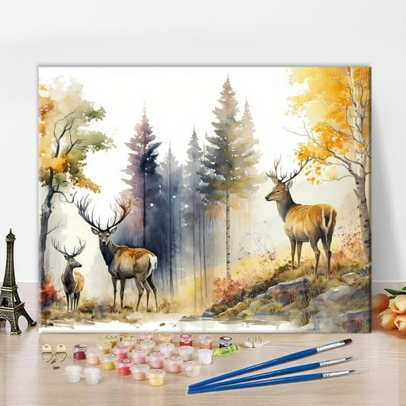 TISHIRON Paint by Numbers for Adults,16x20 inch Canvas Wall Art Deer and Forest Oil Painting by Numbers Kit for Home Wall Decor (Frameless)