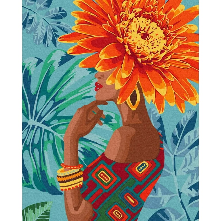 Tishiron Paint by Numbers for Adults,16x20 inch Canvas Wall Art Flowers Black Girl Artwork Oil Painting by Numbers Kit for Beginner (Frameless)
