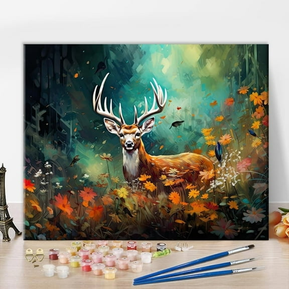 TISHIRON Paint by Numbers for Adults,16x20 inch Canvas Wall Art Forest Deer Oil Painting by Numbers Kit for Home Wall Decor (Frameless)