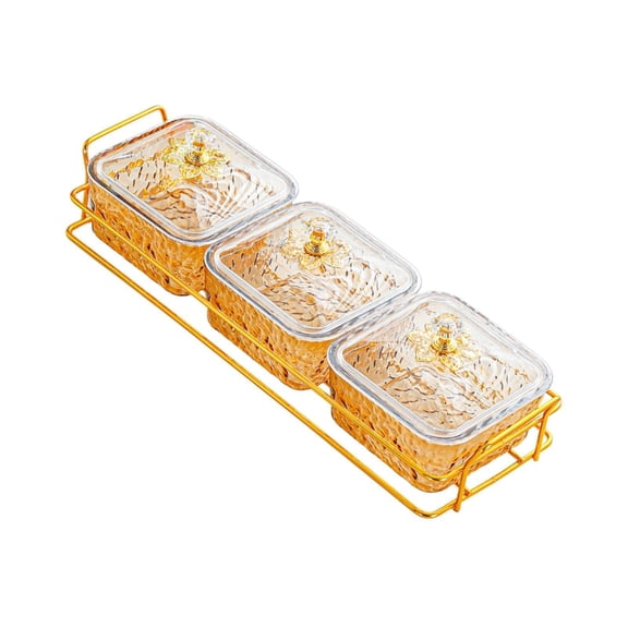 TISHITA 3 Serving Bowls with Lids and Holder Candy and Nut Dishes Portable Decorative Snack Platter Appetizer Tray for Chocolates Table amber