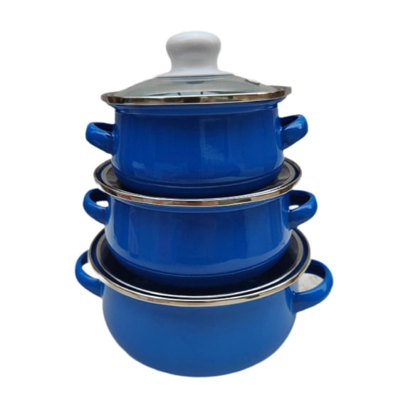 TISHITA 3x Enamel Cooking Pots Kitchen Enamel Stockpot with Lid Cooking Pot with Lid dark blue