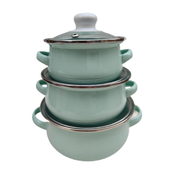 TISHITA 3x Enamel Cooking Pots Kitchen Enamel Stockpot with Lid Cooking Pot with blue