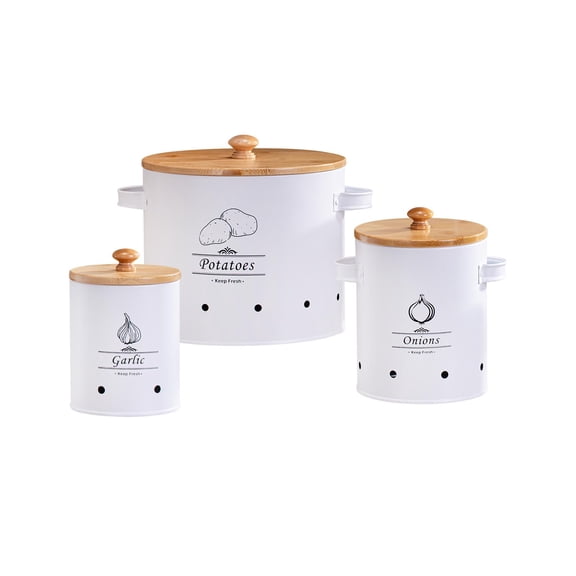 TISHITA 3xPotato Onion Garlic Pot with 2 Handles, Fruit Pots Food Storage Container Tins, Breathable Metal Box, Food Container Buckets White