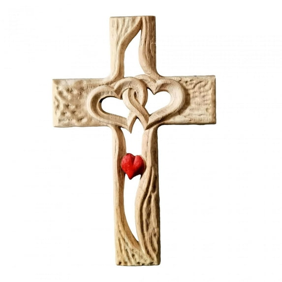 TISHITA Carved Wood Cross Crucifix Intertwined Heart Gift Spirituality Wall Art Sculpture for Valentines Day Living Room Teacher Kids Standard Wooden