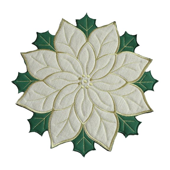 TISHITA Christmas Placemat Place Mat Linen Flower Embroidery Table Mat Dinner Mat for Xmas Party Kitchen Hotel Dining Room Decoration White 60cm