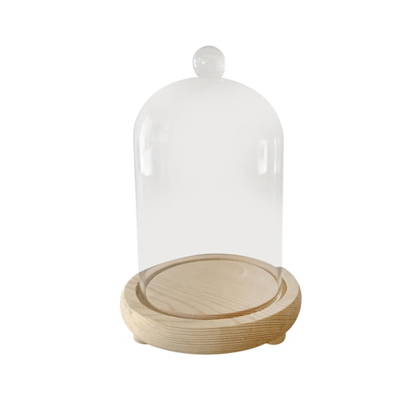 TISHITA Clear Glass Dome Cloche Cover Stand Showcase Multifunctional Round Wood Base Transparent Cover for Fairy Lights, Table Decor 10x16cm
