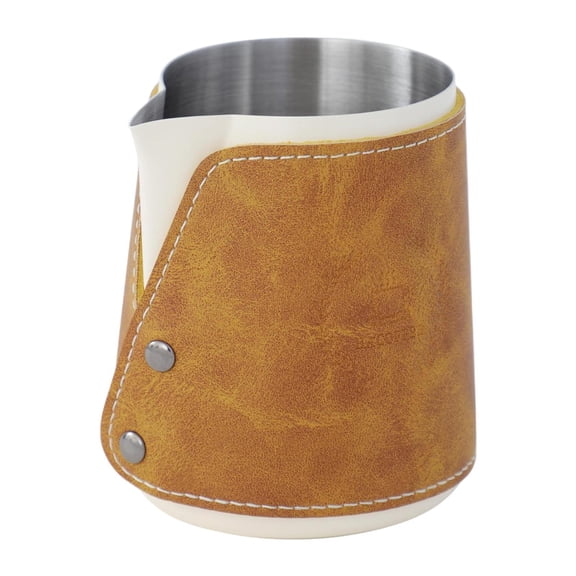 TISHITA Handleless Pitcher Handleless Milk Frothing Pitcher Eagle Spout Stainless Steel with Leather Wrap 450ml Milk Frothing Pitcher white
