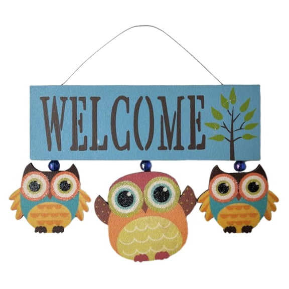 TISHITA Hanging Welcome Sign Wooden Owl Front Door Gate Welcome Plaque Notice Board , Blue, 23x22cm