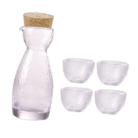 TISHITA Sake Pot Set Japanese Sake Set Unique Decorative Multifunctional Clear Traditional Glass Sake Bottle Set 1 Sake Bottle 4 Cups B