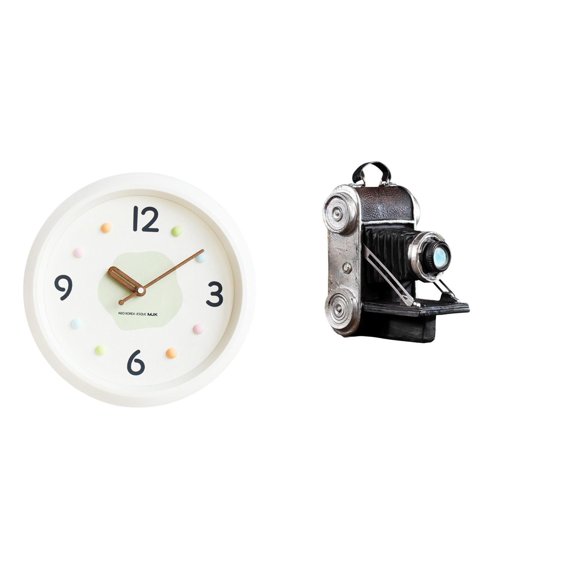 TISHITA Wall Clock Decorative Fashionable Round Resin Camera Statue Model Silent Non Ticking Wooden Hands Collectible Figurine Stylish Suitable for Living Roo
