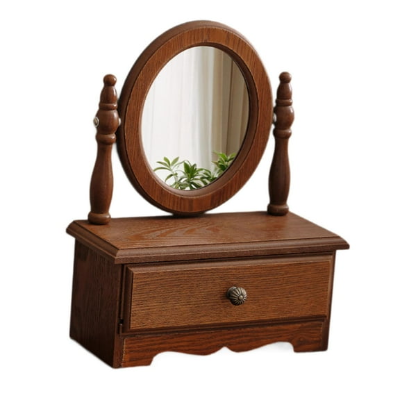 TISHITA Wood Desk Makeup Mirror Wooden Table Top Vanity Mirror Vintage Tabletop Mirror,Countertop Mirror for Bedroom Living Room Girl 25x11.5x31.5cm