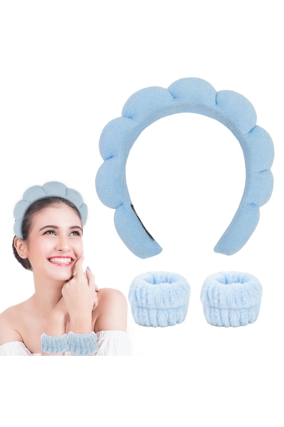 Spa Headband and Wristband Set for Skincare Washing Face Terry Cloth Wrist Towels Head Band for Skin Care Bubble Soft Hairband for Women Girls Makeup Shower(Blue set)