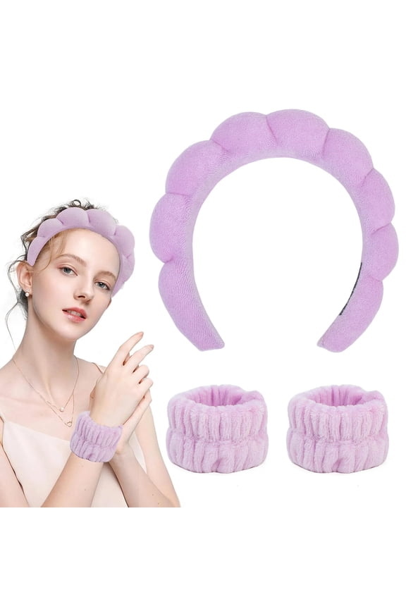 Spa Headband and Wristband Set for Skincare Washing Face Terry Cloth Wrist Towels Head Band for Skin Care Bubble Soft Hairband for Women Girls Makeup Shower(Purple suit)