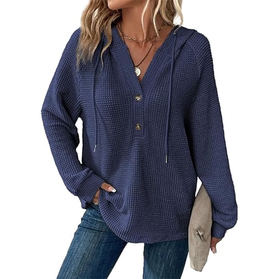 TITAKING Women's Casual Waffle Knit Hoodie, Long Sleeve, Pullover, Dark Blue S