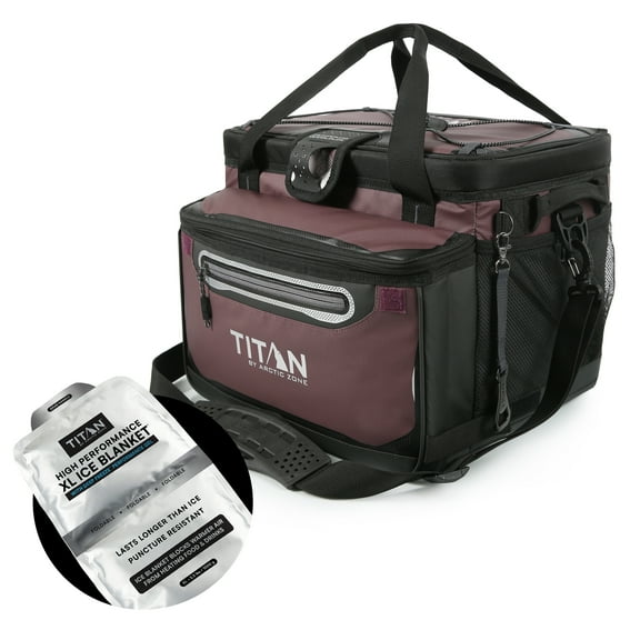 Titan by Arctic Zone 38-Can 25-Quart Iceless Zipperless Soft Cooler with Ice Blanket, Burgundy
