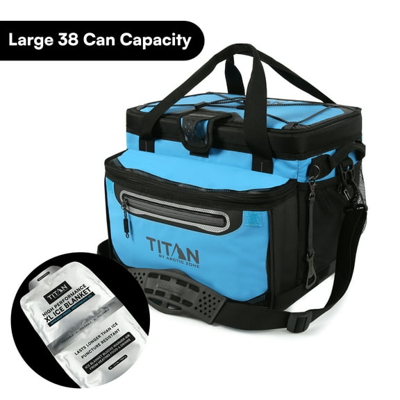 Titan by Arctic Zone 38-Can 25-Quart Iceless Zipperless Soft Cooler with Ice Blanket, Bright Blue