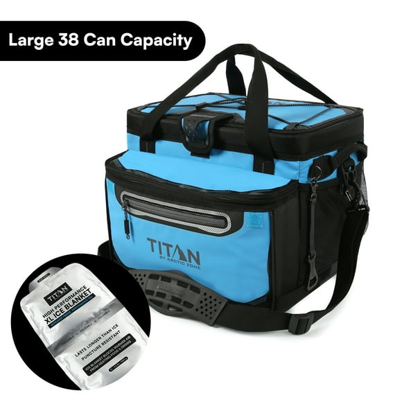 Titan by Arctic Zone 38-Can 25-Quart Iceless Zipperless Soft Cooler with Ice Blanket, Bright Blue