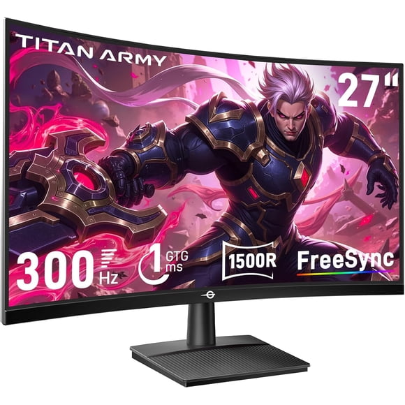 TITAN ARMY C27A1H 27 Inch Curved Gaming Monitor, 300Hz FHD 1080p, VA Panel, 1ms GTG, HDR 125% sRGB, 2xHDMI/DP, FreeSync, VESA Mount, Black