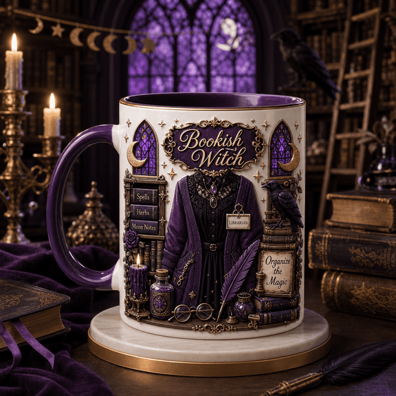 TITAN HARBOR Bookish Witch Mug Gothic Librarian Reading Night Design