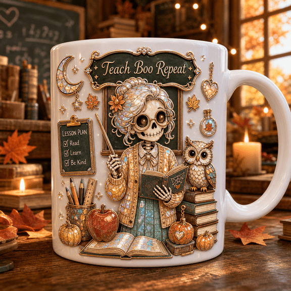 TITAN HARBOR Halloween Teacher Mug Teach Boo Repeat Skeleton Owl