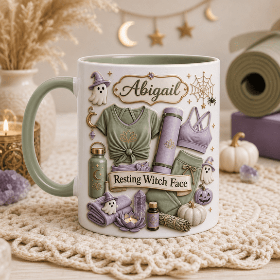 TITAN HARBOR Personalized Halloween Yoga Mug Resting Witch Face Abigail