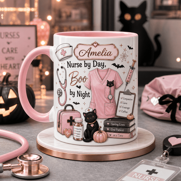 TITAN HARBOR Personalized Nurse Mug Halloween Black Cat Boo By Night