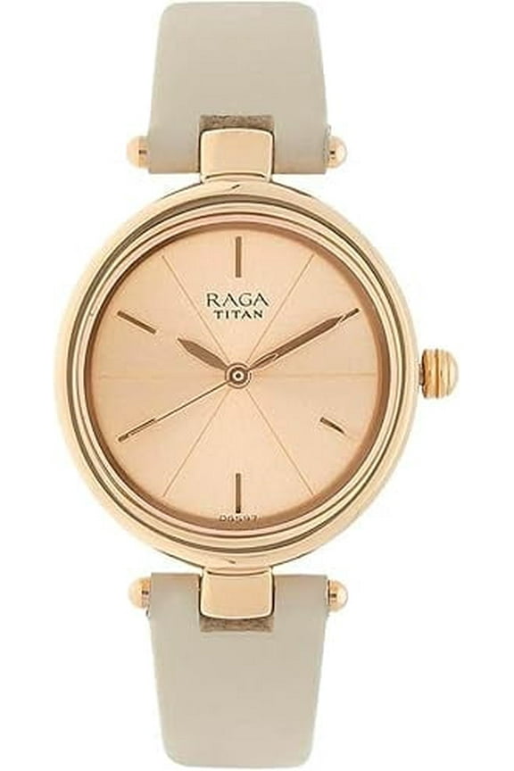 Raga Viva Women's Analog Oval Watch – Rose Gold Dial, Beige Leather Band, Quartz Movement, 35.5mm Metal Case, Jewellery Clasp, 2-Year Warranty