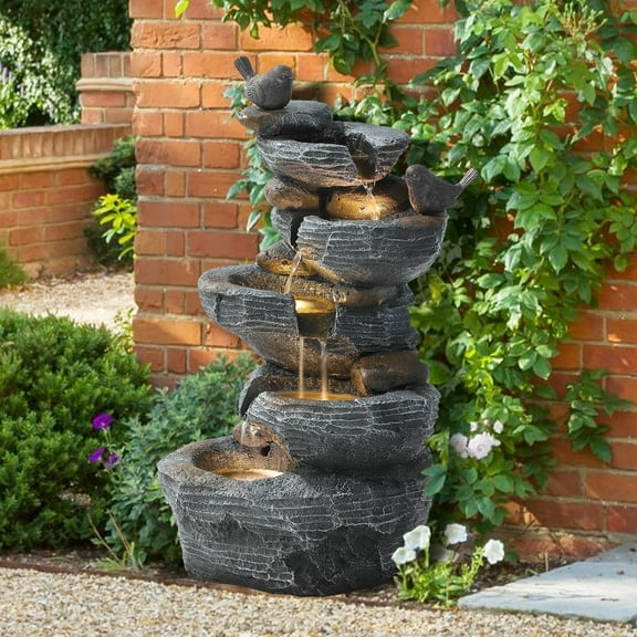 TITIMO 5-Tier Cascading Rock Water Fountain Outdoor Garden Waterfall with Lights, Fountain Indoor Decor for Garden, Patio, Backyard, Deck, Porch and Home Art Decor