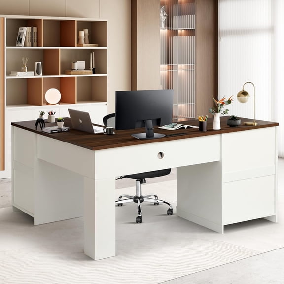 TITIMO 60" Executive L Shaped Desk with Drawers, Farmhouse Home Office Desk with Charging Station, Wood Corner Computer Desk with File Cabinet, Writing Computer Desk for Work and Study (Brown)