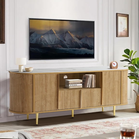 TITIMO 63" Fluted TV Stand for TVs Up to 75 inches, Modern Entertainment Center with Cord Management, TV Console with Adjustable Shelves and Faux Marble Top, Media Console for Living Room (Natural)