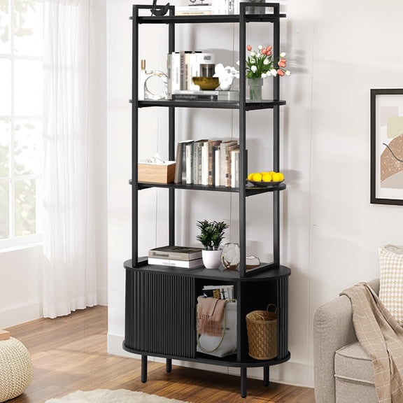 TITIMO 71" Tall Fluted Bookshelf with Sliding Tambour Doors, 4-Tier Book Shelf with Open Display Shelves and Adjustable Footpad, Modern Bookcase with Storage Cabinet for Living Room, Bedroom (Black)