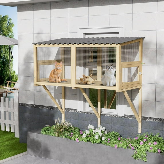 TITIMO Cat Catio, Cat Window Perch for Large Indoor Cats, Window Box Enclosure, Expandable Wooden Window Hammock for Multi Kittens, All-Weather Use Outdoor Small Pet Perch House (Natural, 41.3" L)