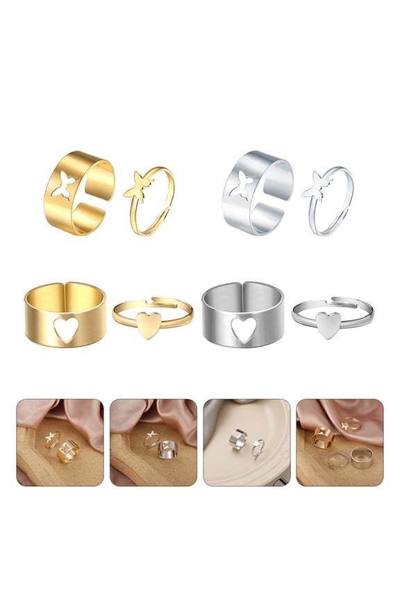 4Pairs cate Finger Ring Set with Butterfly Shapes Alloy Material Assorted Colors for Couple