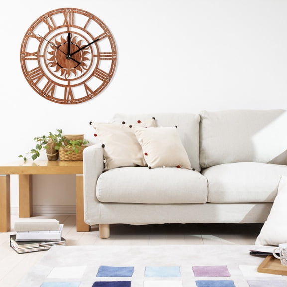 TITINICE Brown Quartz Movement Wooden Wall Clock Sun Shaped Design with Roman Numerals