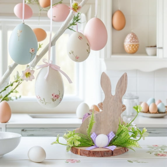 Spring Table Decor Rustic TITINICE Vintage Wooden Easter Bunny Figurine with Eggs and Flowers ...