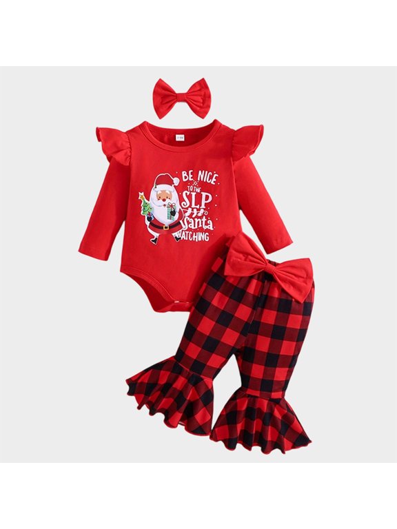 Baby Girl First Christmas Set – Santa & Letter Print Long Sleeve Bodysuit with Plaid Bell Pants Wine Red,9-12 Month