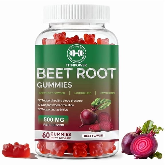 TITNPOWER Beet Root Gummies | 60 Chews| with Nitrates, Vitamin C & Black Pepper | for Men & Women | Beet Root Flavor | Vegan, Non-GMO, Gluten Free Supplement