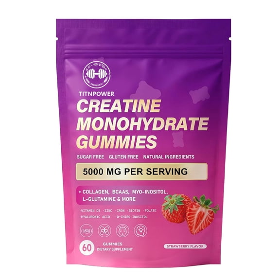 TITNPOWER Creatine Monohydrate Gummies with Collagen, BCAAs, L-Glutamine, Biotin, Zinc, Vitamin D3 & Hyaluronic Acid Daily Pre & Post Workout Recovery, Sugar-Free -60 Count