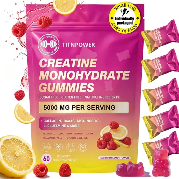 TITNPOWER CurveBoost Creatine Gummies for Women, 5000mg Creatine Monohydrate, Raspberry Lemon Flavor, 8-in-1 Supplement with BCAAs Collagen Inositol Iron Zinc Vitamin D3, Sugar Free Vegan