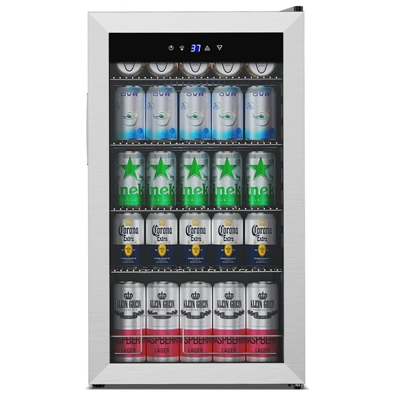 TITTLA 130 Can Beverage Refrigerator with Glass Door,3.2 Cu.ft Wine Coolers,Touch Control Panel On the Glass,Freestanding Mini Fridge,Silver