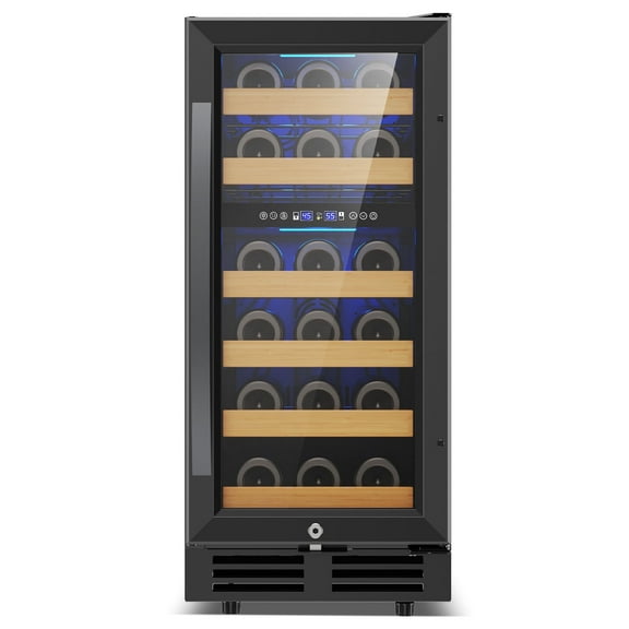 TITTLA 15 Inch Wine Refrigerator,Under Counter 30 Bottle Wine Cooler,Dual Zone Fast Cooling, Low Noise,Black