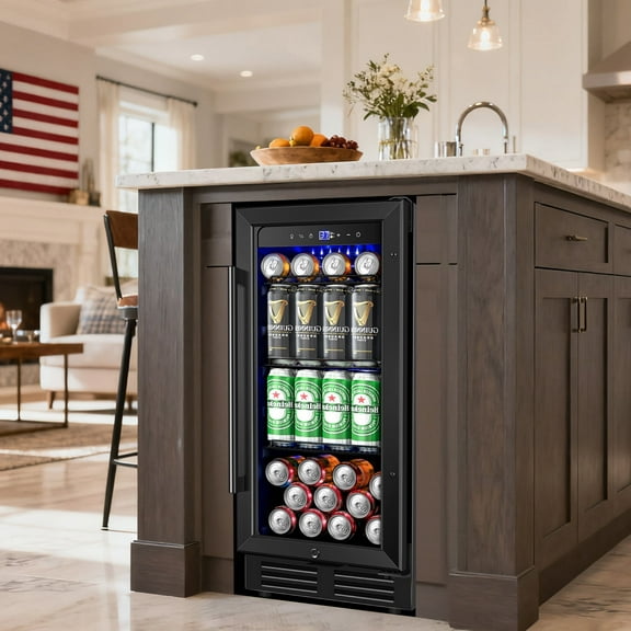 TITTLA 15 inch 130 Can Beverage Fridge,Freestanding Built-in Wine Cooler with Glass Door,Black