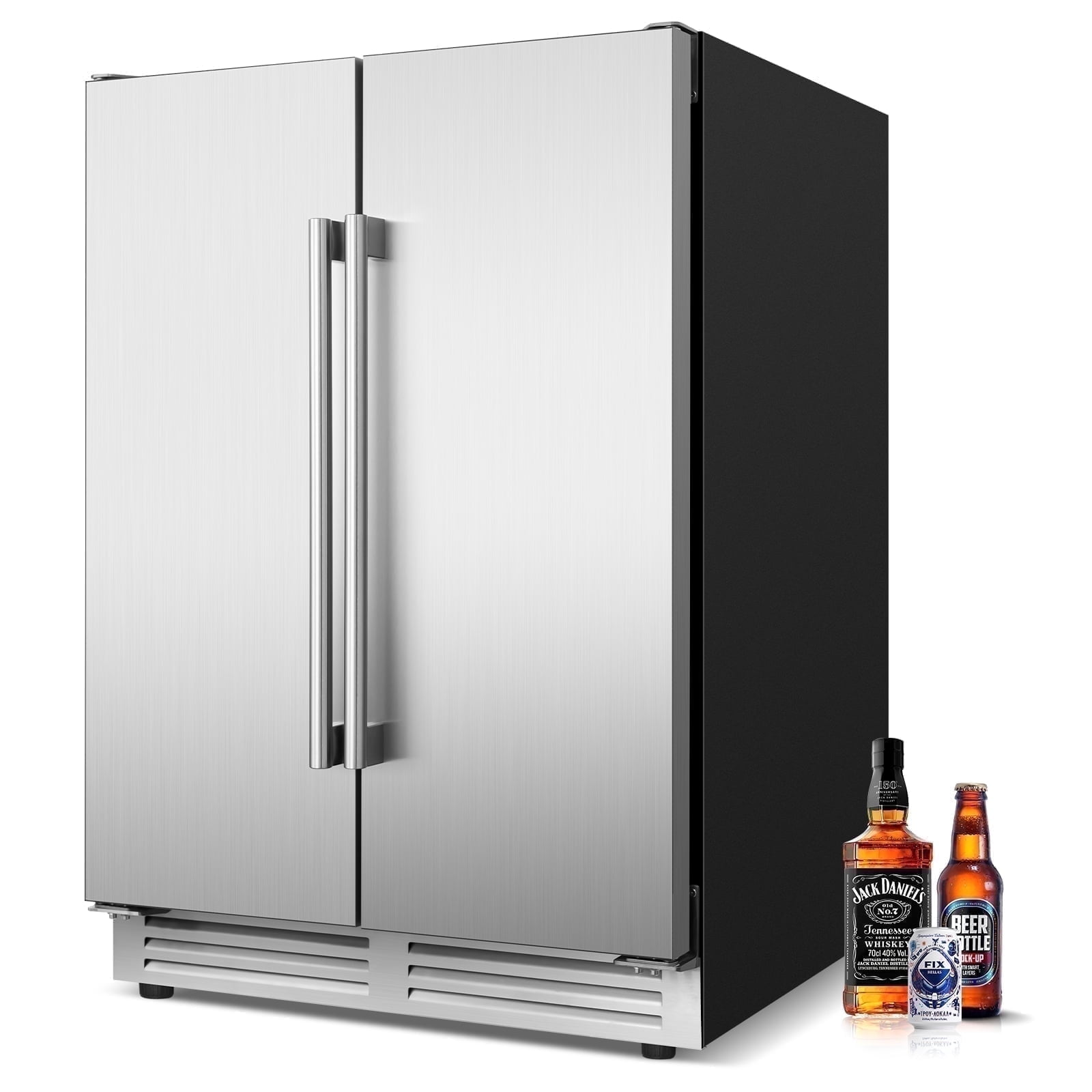 Tittla 24" Silver Beverage Refrigerator with French Doors 150-Can Capacity, Built-in or Freestanding Beer and Drink Cooler