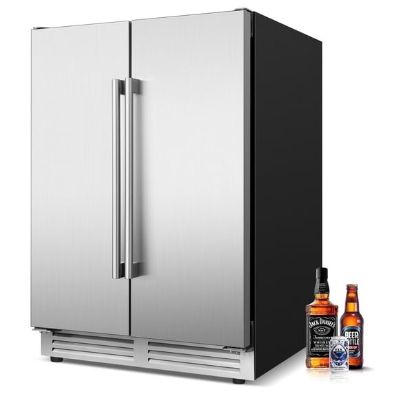 TITTLA Beverage Refrigerator,24 Inch Wide,Dual Zone 120 Cans Built in Wine Fridge Cooler,Double Stainless Steel Doors
