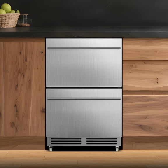 TITTLA 24 Inch Under Counter Dual Drawer Beverage Fridge with Wheels,Freestanding Or Built-In for Patio, Stainless Steel Weather-Proof, Ideal for Home and Commercial Use,Silver