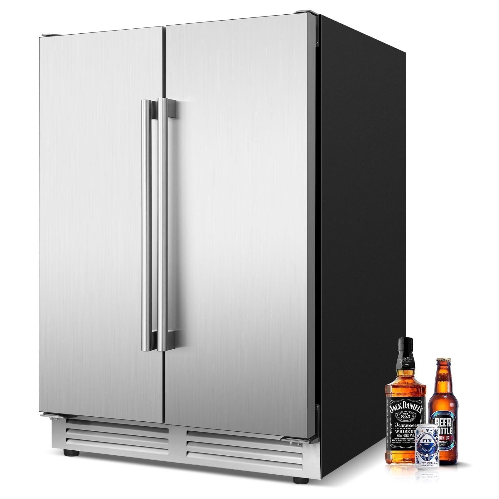 Tittla 24" Silver Beverage Refrigerator with French Doors 150-Can Capacity, Built-in or Freestanding Beer and Drink Cooler